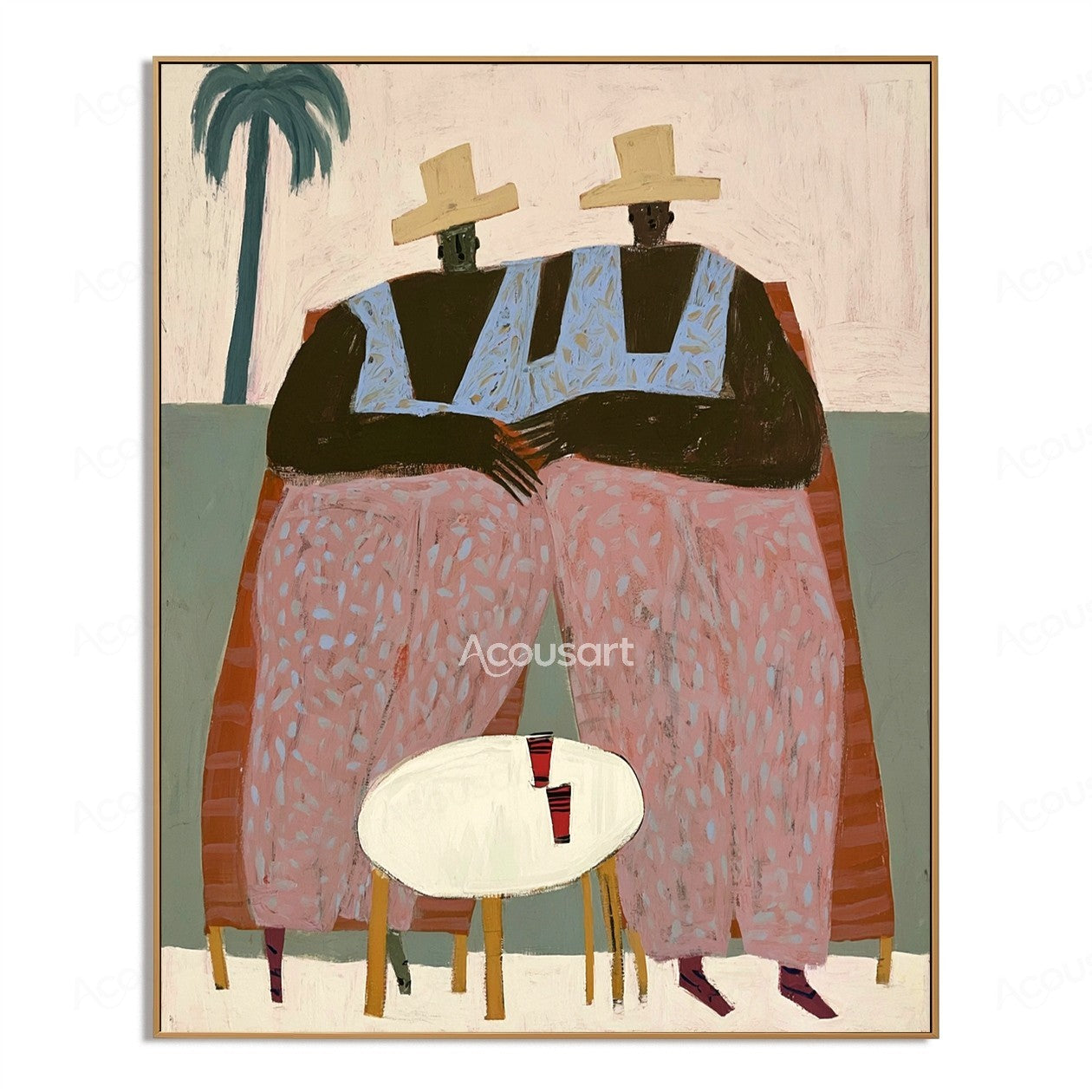 Contemporary figurative wall art of two friends in cream hats, blue tops, and pink pants seated by a table with drinks and a palm tree