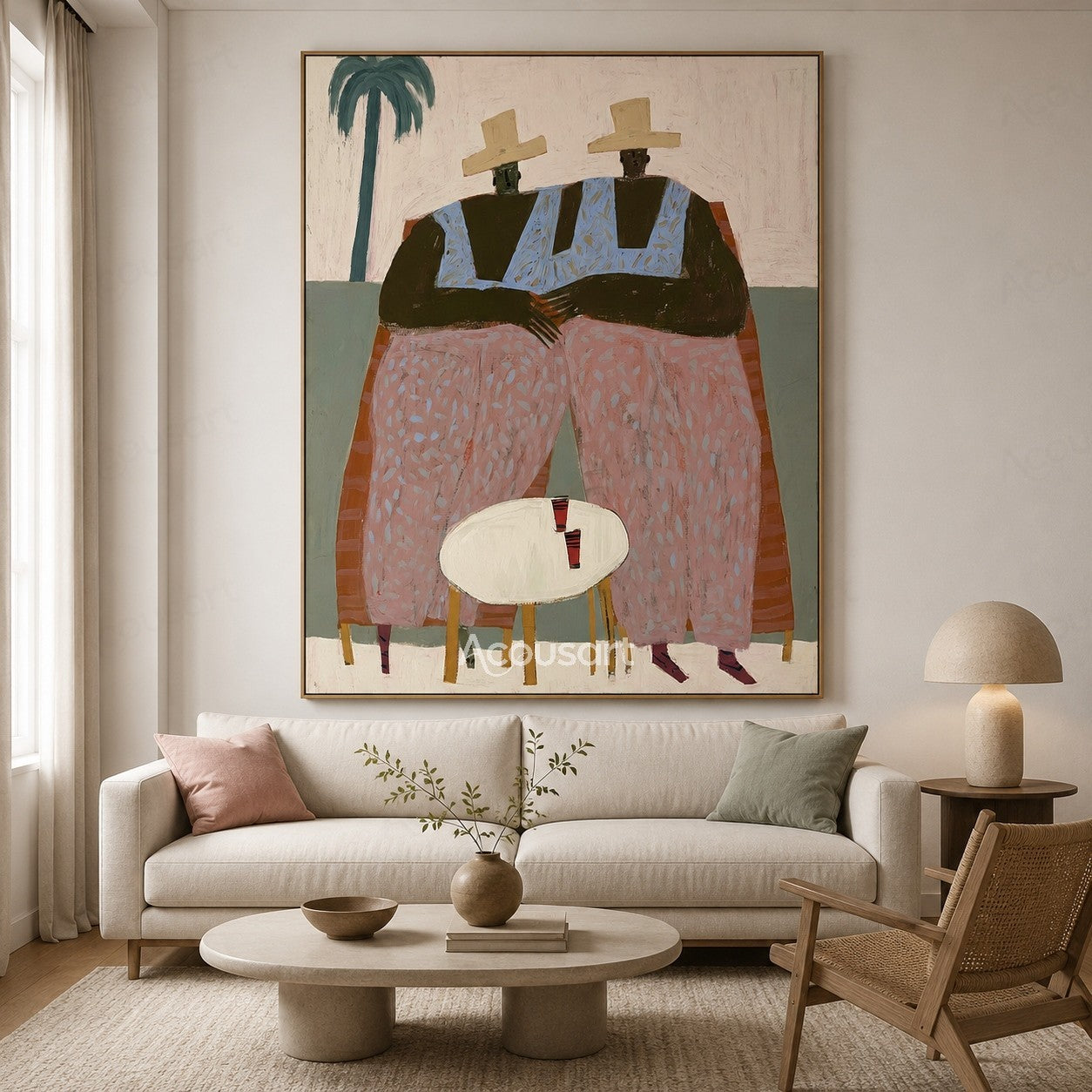 Contemporary figurative wall art of two friends in cream hats, blue tops, and pink pants seated by a table with drinks and a palm tree