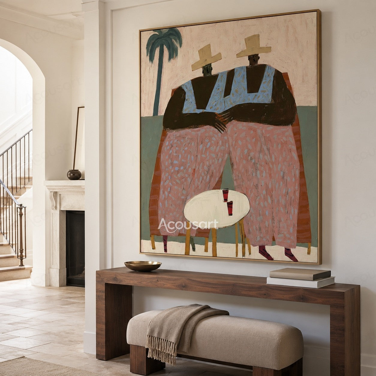 Contemporary figurative wall art of two friends in cream hats, blue tops, and pink pants seated by a table with drinks and a palm tree