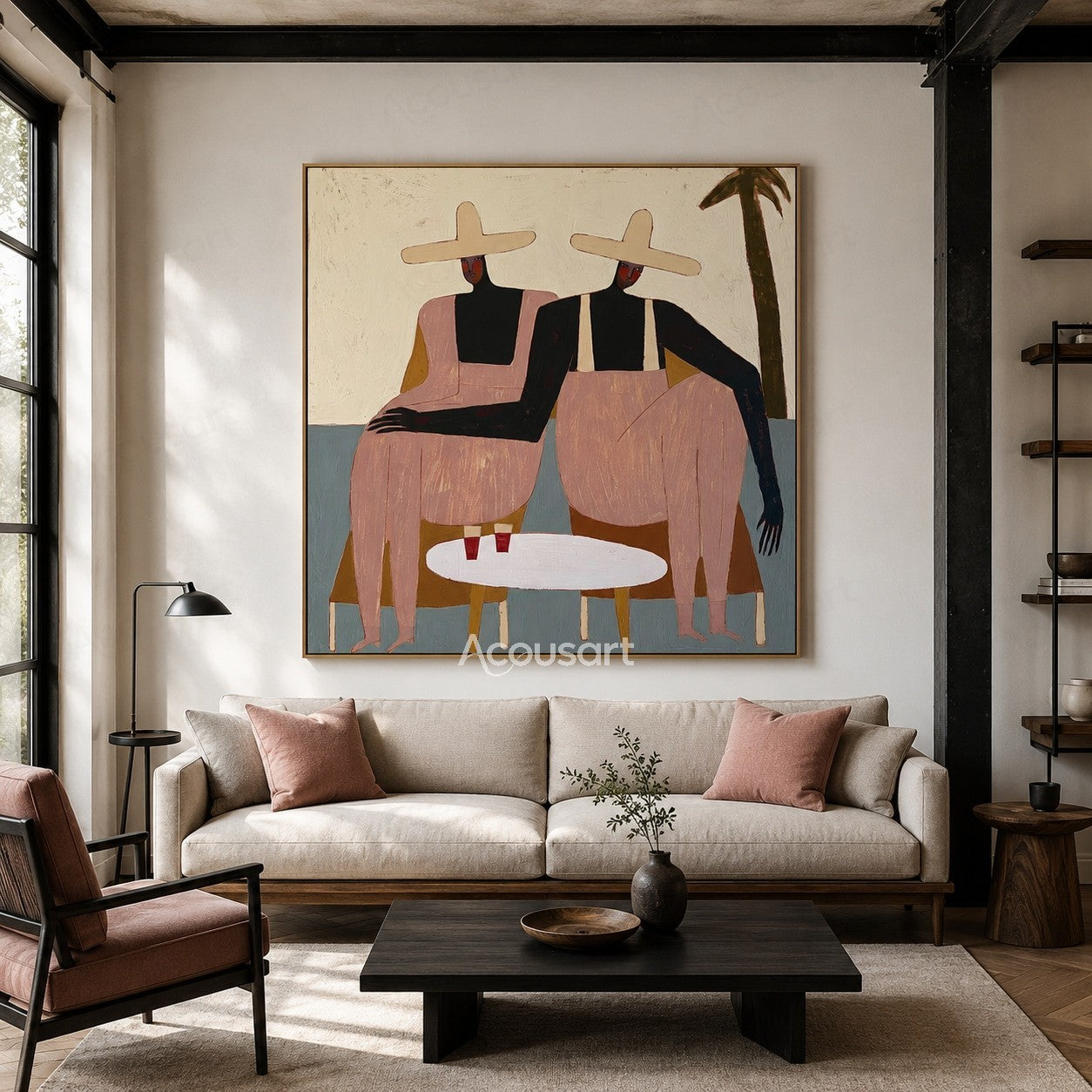 Contemporary figurative wall art of two women in cream sun hats and pink outfits seated beside a white table with drinks and a palm tree
