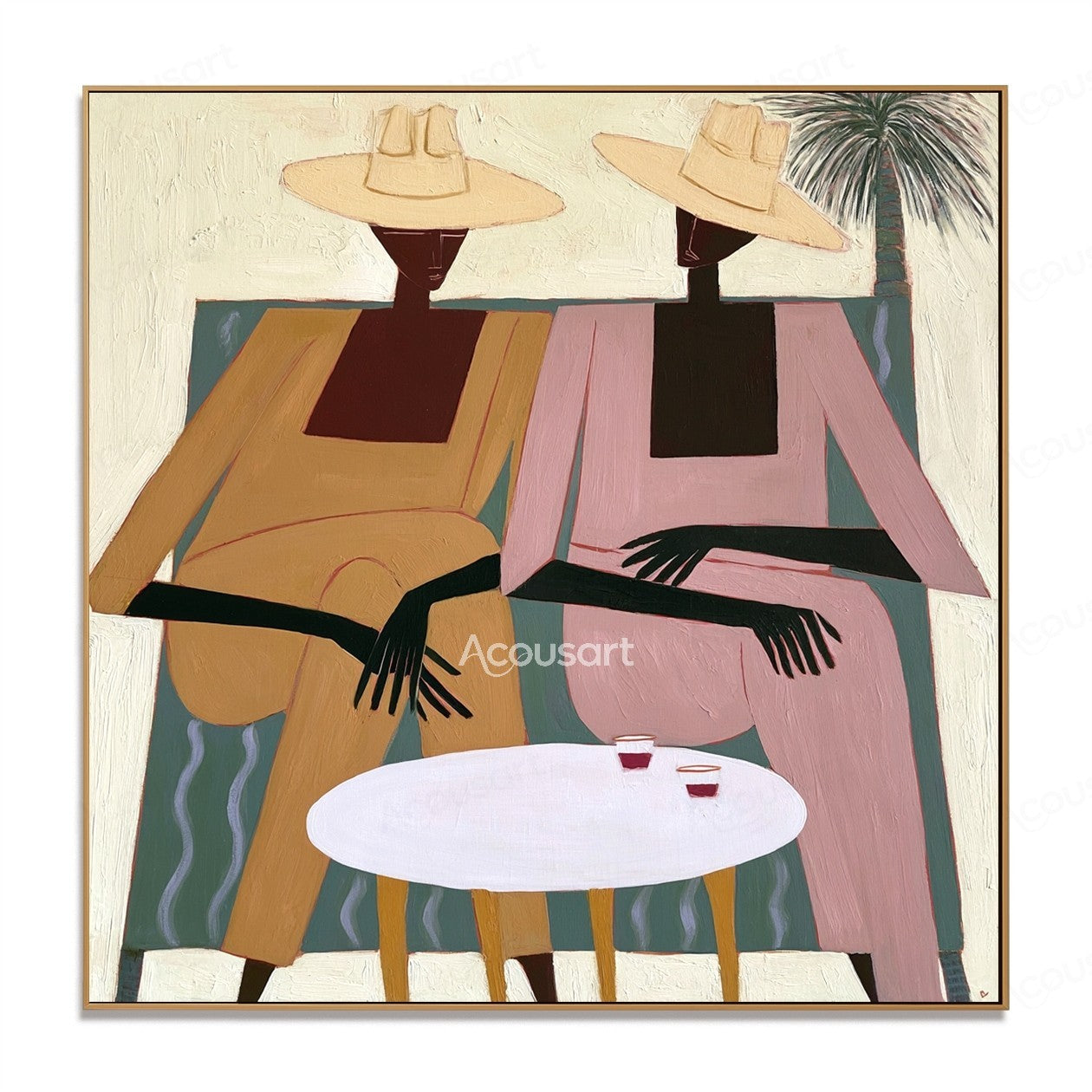 Modern figurative wall art of two women in sun hats seated by a white table with drinks and a palm tree