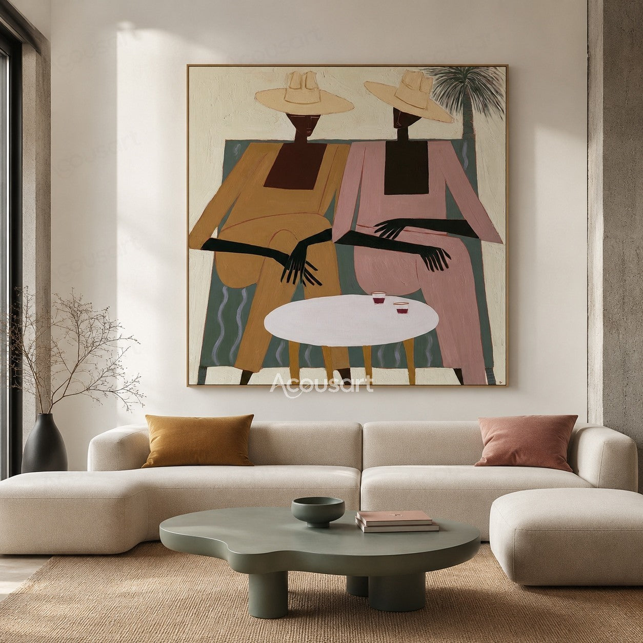 Modern figurative wall art of two women in sun hats seated by a white table with drinks and a palm tree