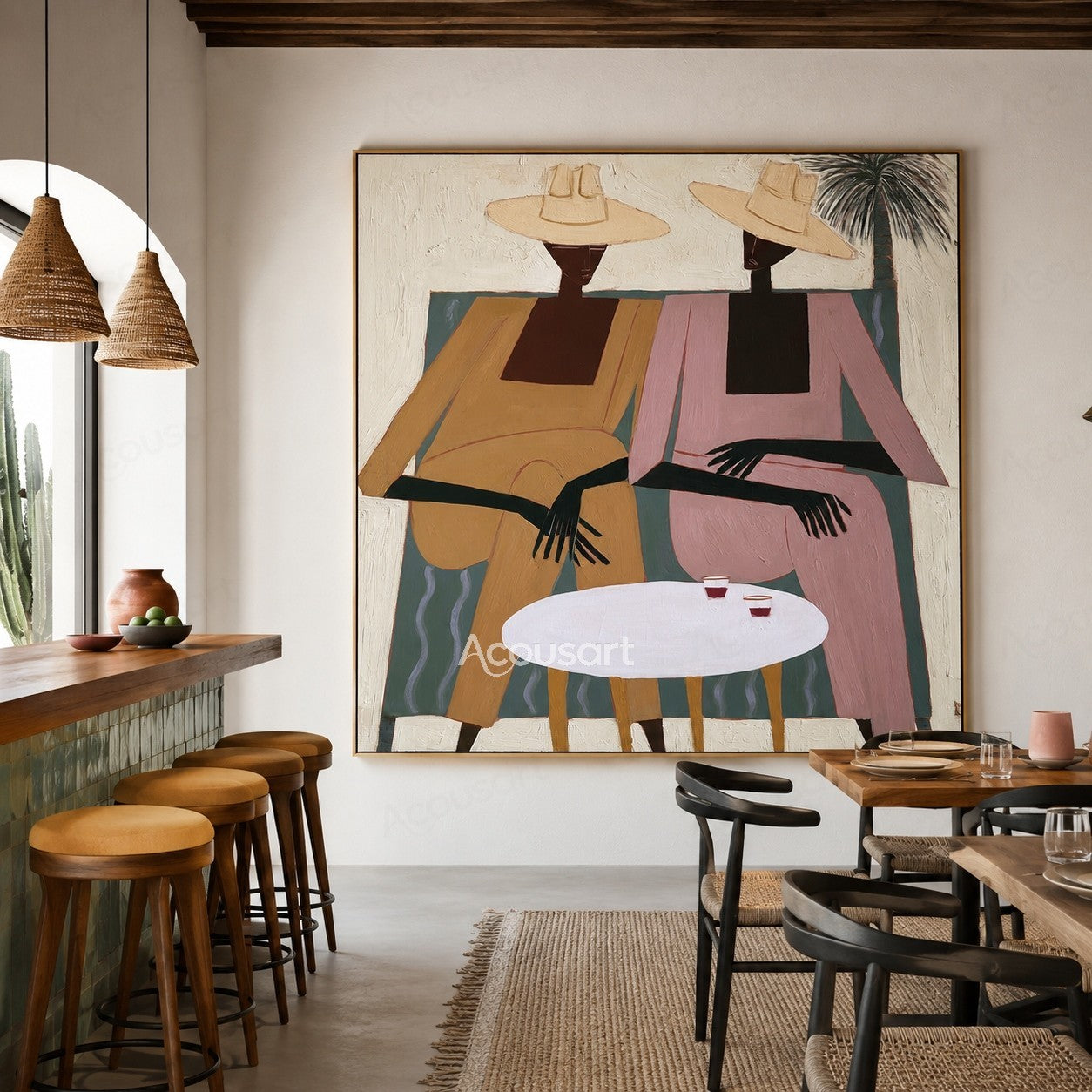 Modern figurative wall art of two women in sun hats seated by a white table with drinks and a palm tree