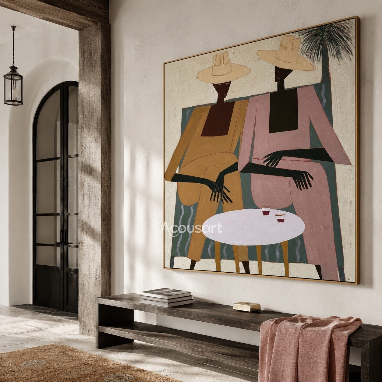 Modern figurative wall art of two women in sun hats seated by a white table with drinks and a palm tree