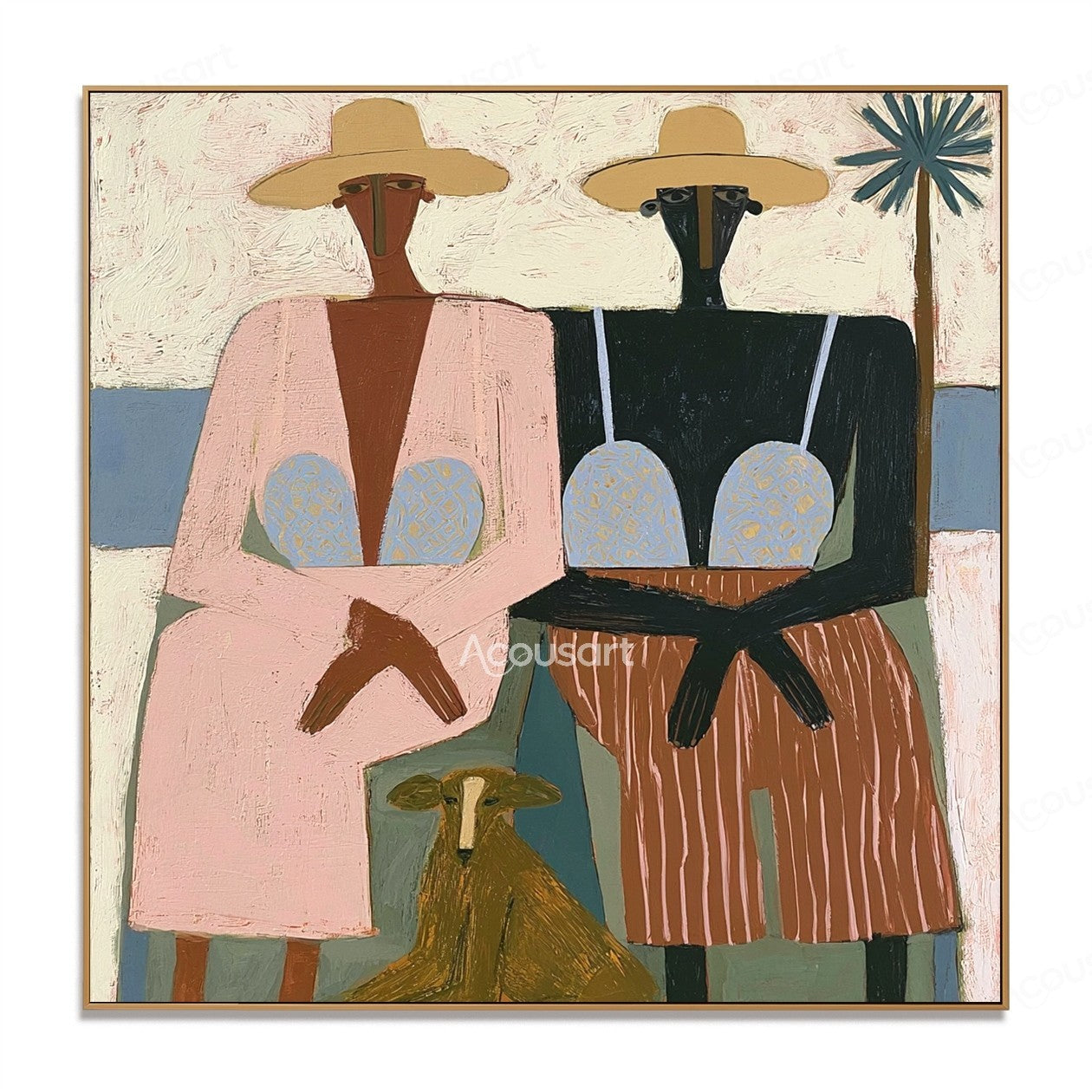 Modern figurative painting of two seated women with a dog and palm tree
