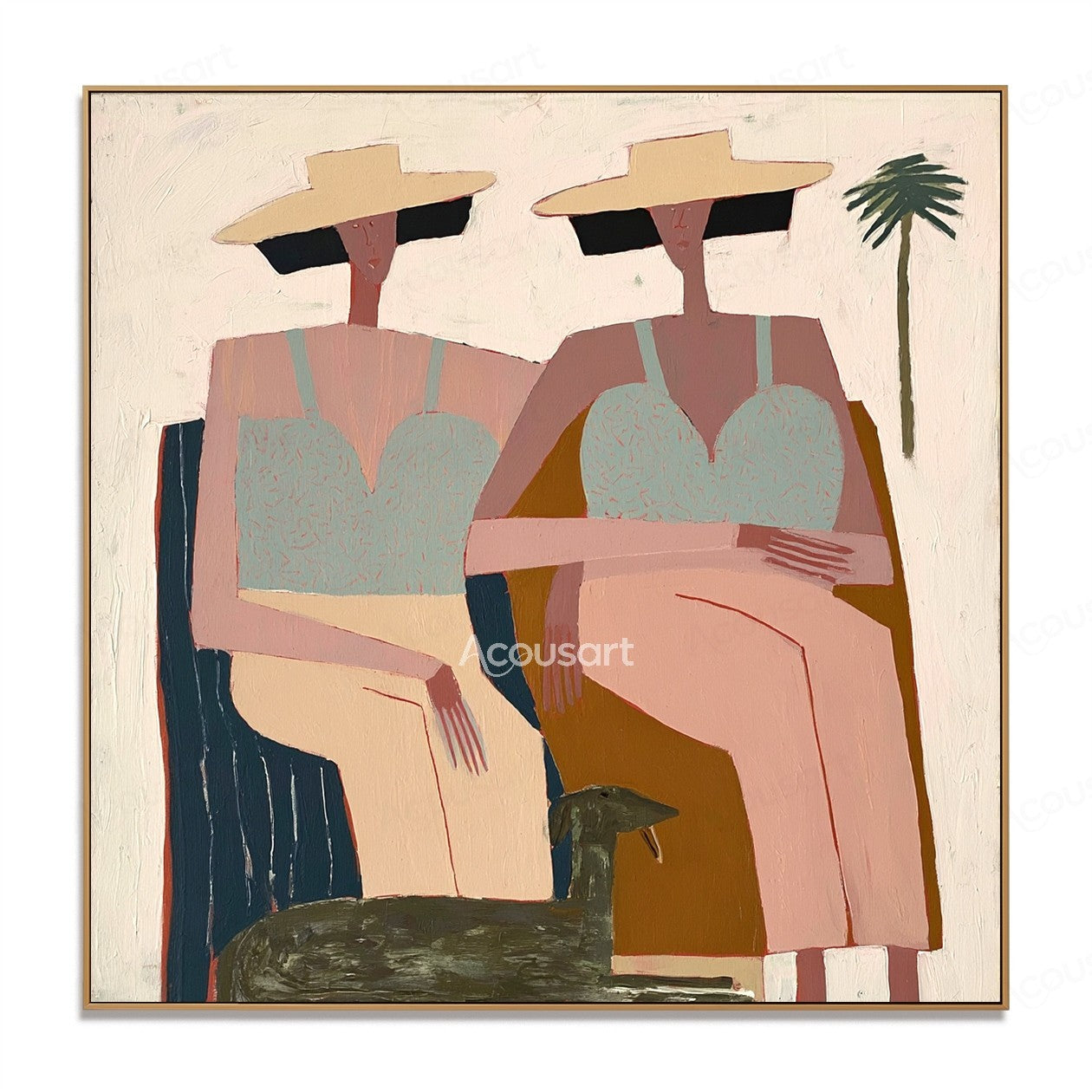 Modern figurative painting of two seated women in hats with a black dog and palm tree