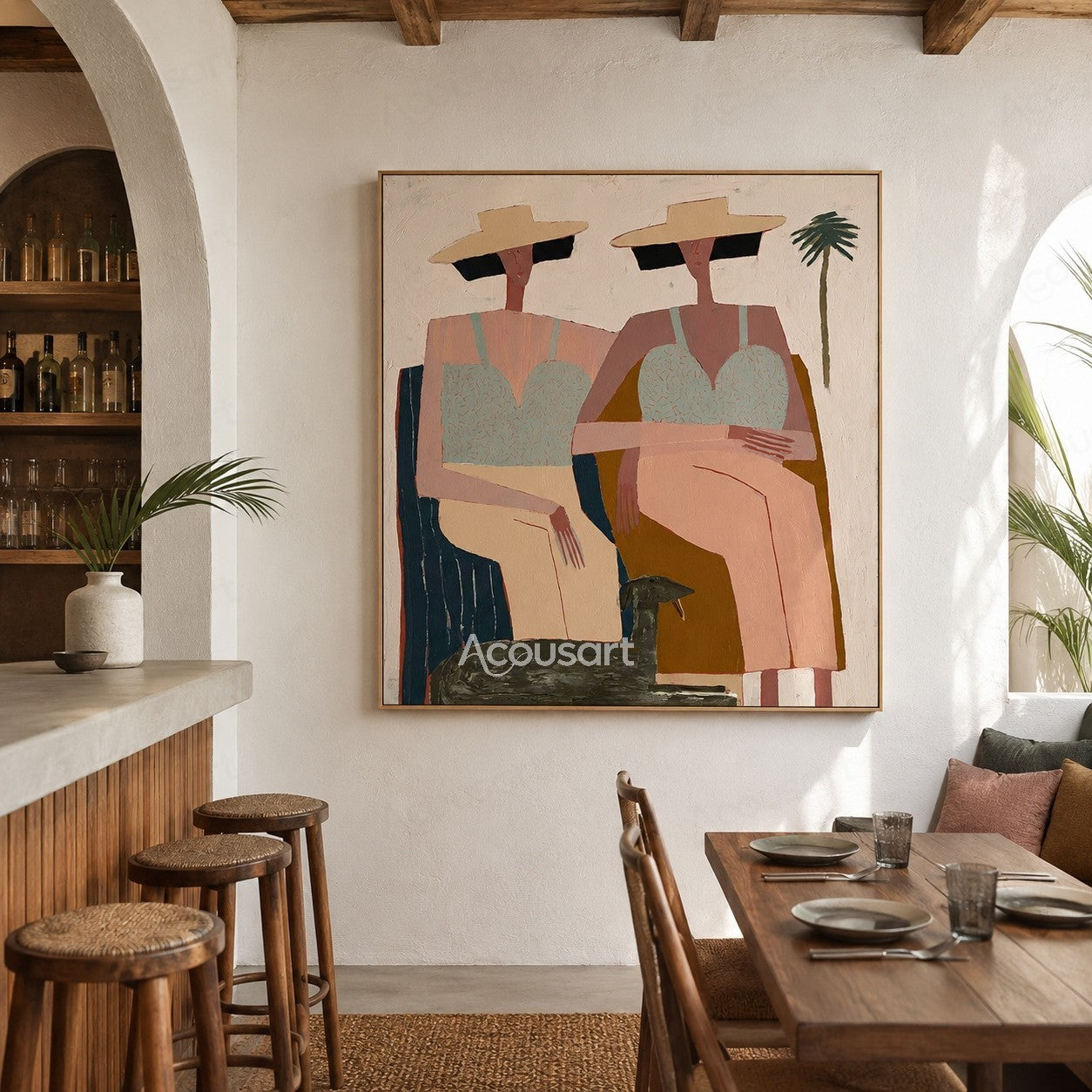 Modern figurative painting of two seated women in hats with a black dog and palm tree