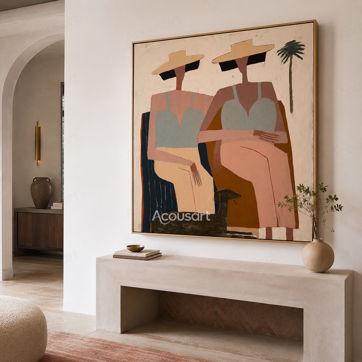 Modern figurative painting of two seated women in hats with a black dog and palm tree