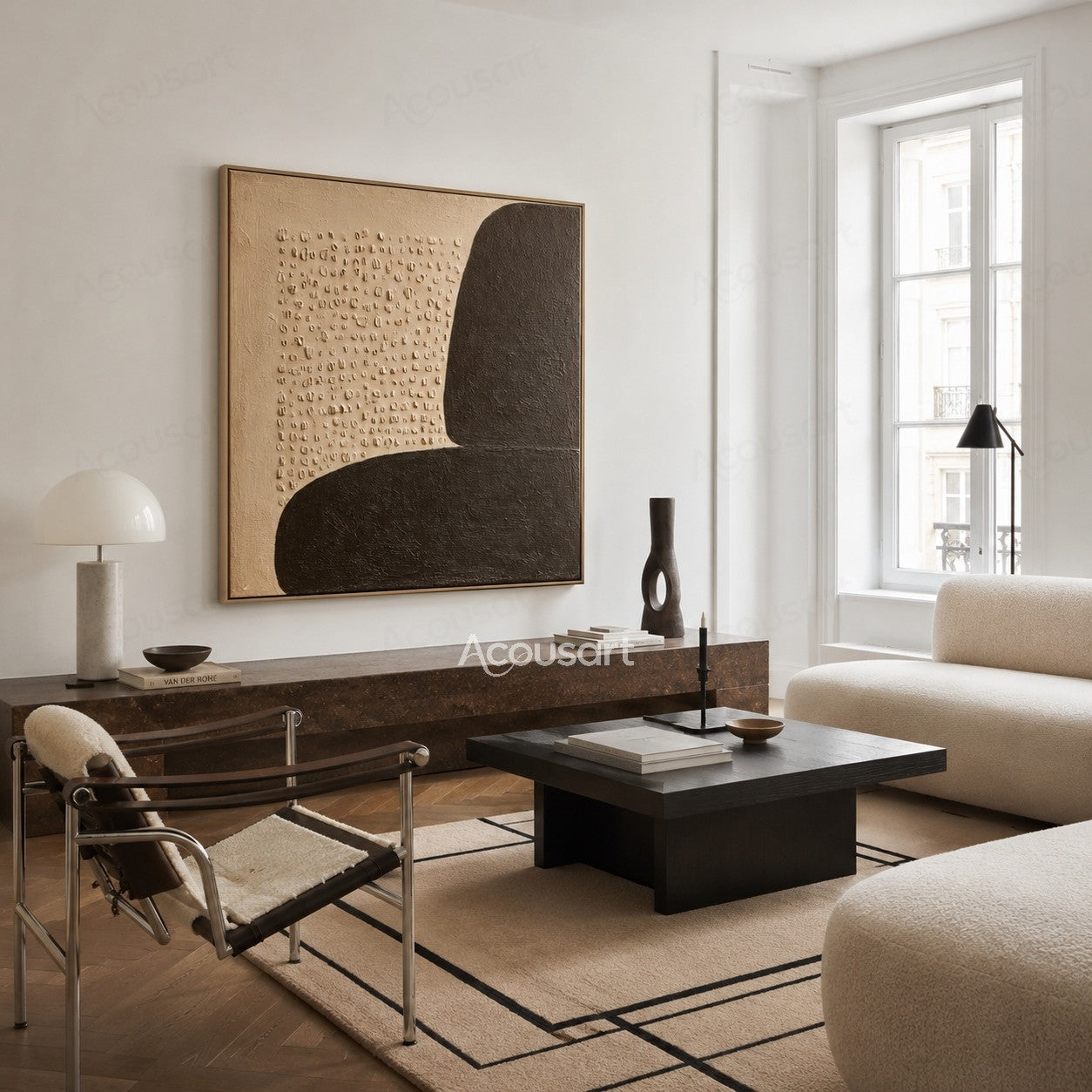 Black and beige textured abstract wall art with large rounded geometric shapes and small raised neutral details
