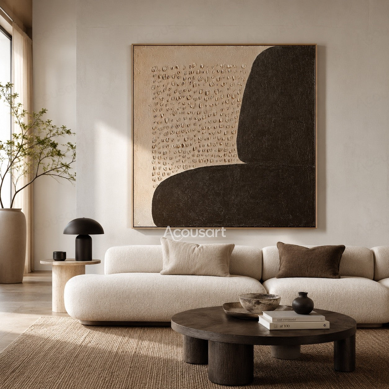 Black and beige textured abstract wall art with large rounded geometric shapes and small raised neutral details