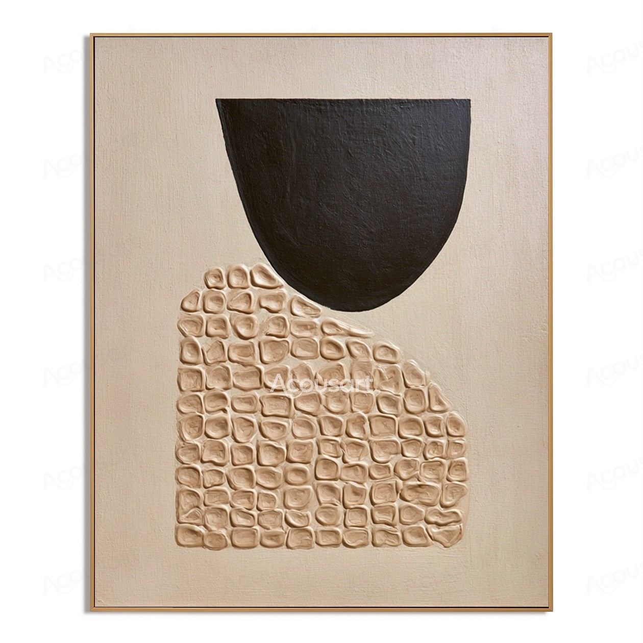 Neutral geometric textured abstract wall art with a black bowl shape and raised beige mosaic details