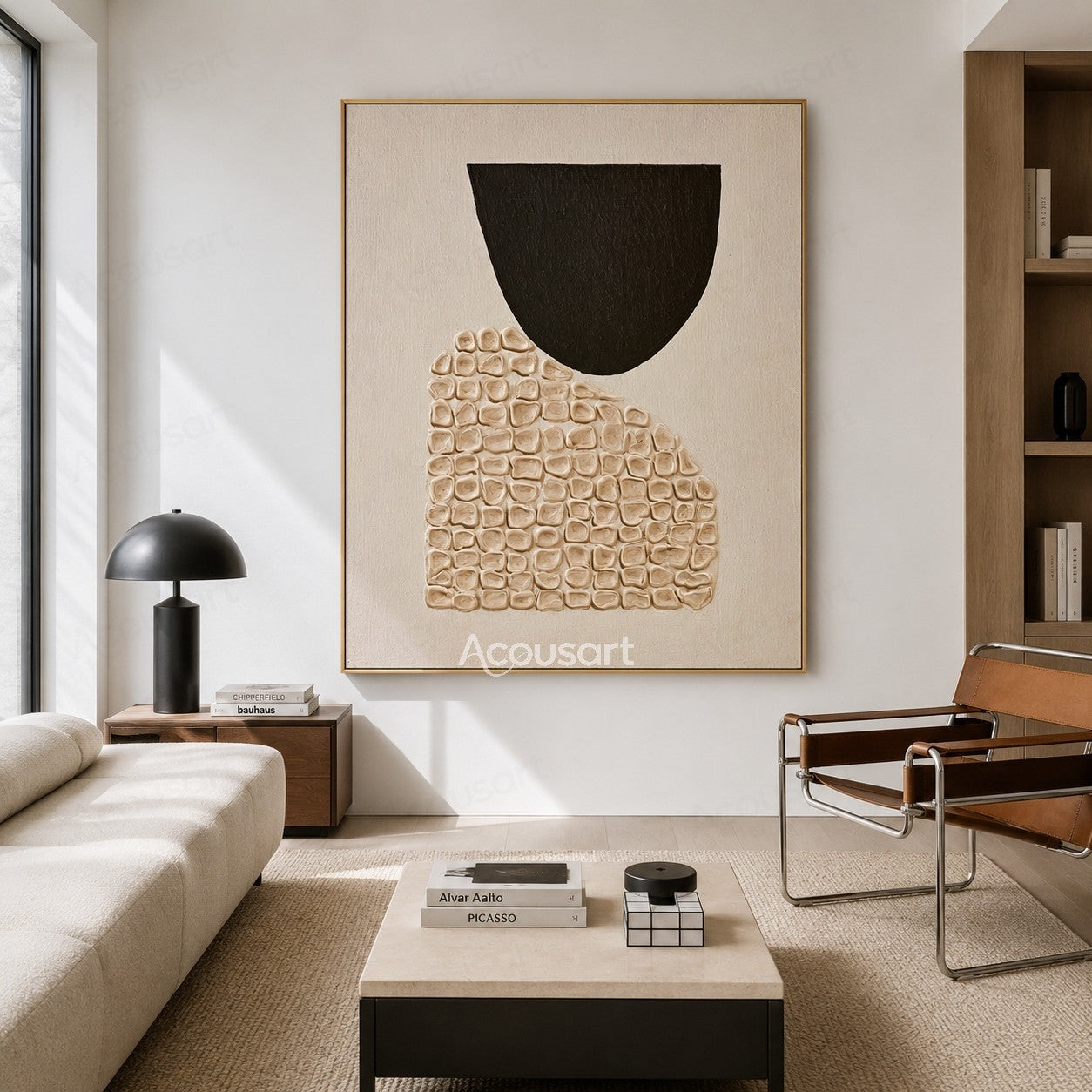 Neutral geometric textured abstract wall art with a black bowl shape and raised beige mosaic details