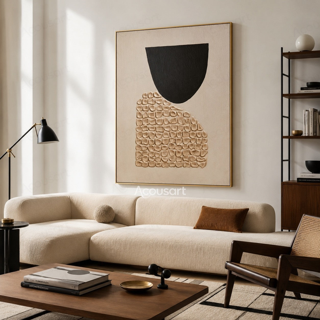 Neutral geometric textured abstract wall art with a black bowl shape and raised beige mosaic details