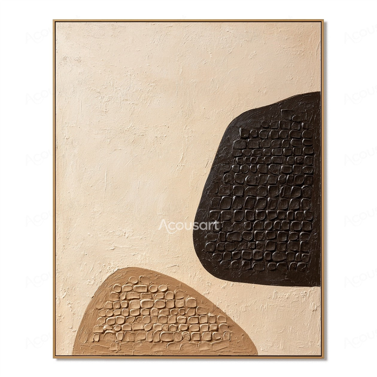Neutral geometric textured abstract wall art with dark brown and tan organic shapes featuring raised stone-like mosaic details