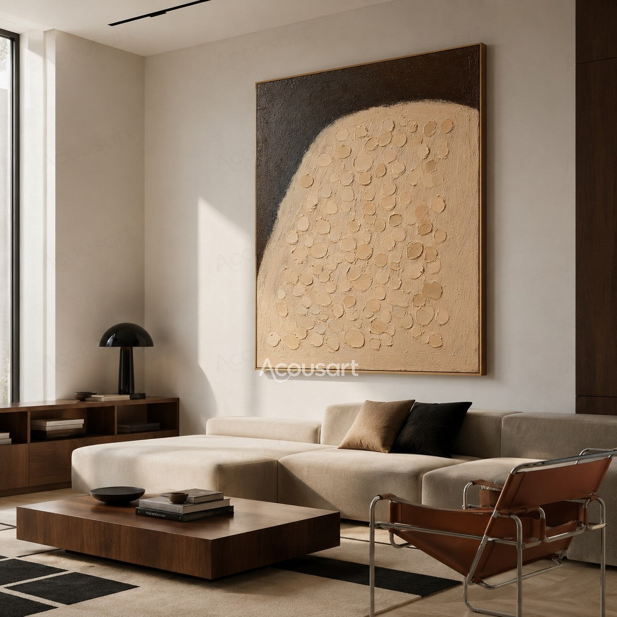 Neutral beige textured abstract wall art with raised pebble-like details and a dark brown charcoal background