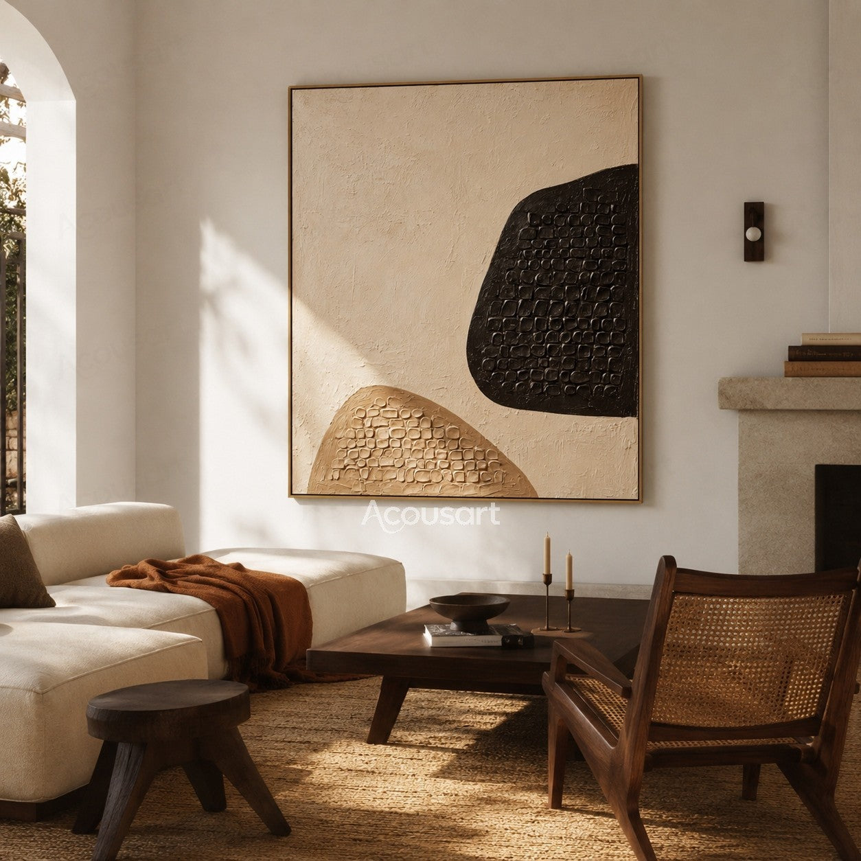 Neutral geometric textured abstract wall art with dark brown and tan organic shapes featuring raised stone-like mosaic details