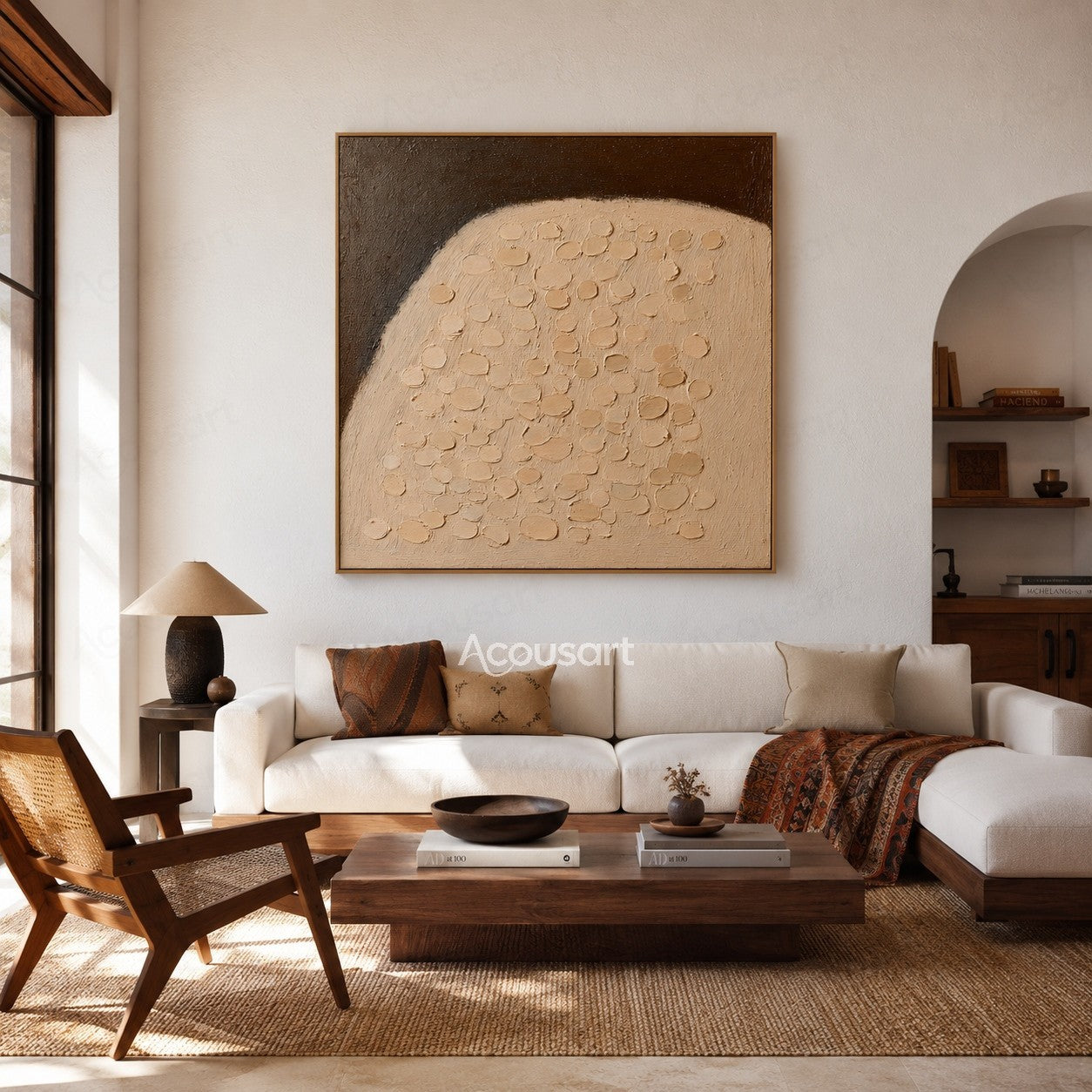 Neutral beige textured abstract wall art with raised pebble-like details and a dark brown charcoal background
