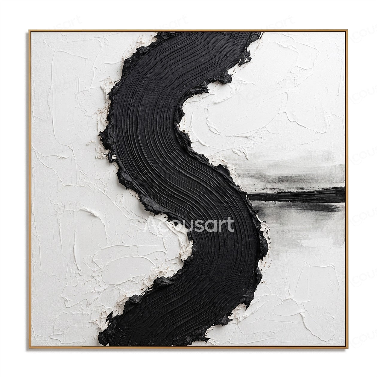 Black curved textured abstract wall art with raised brush lines on a white background