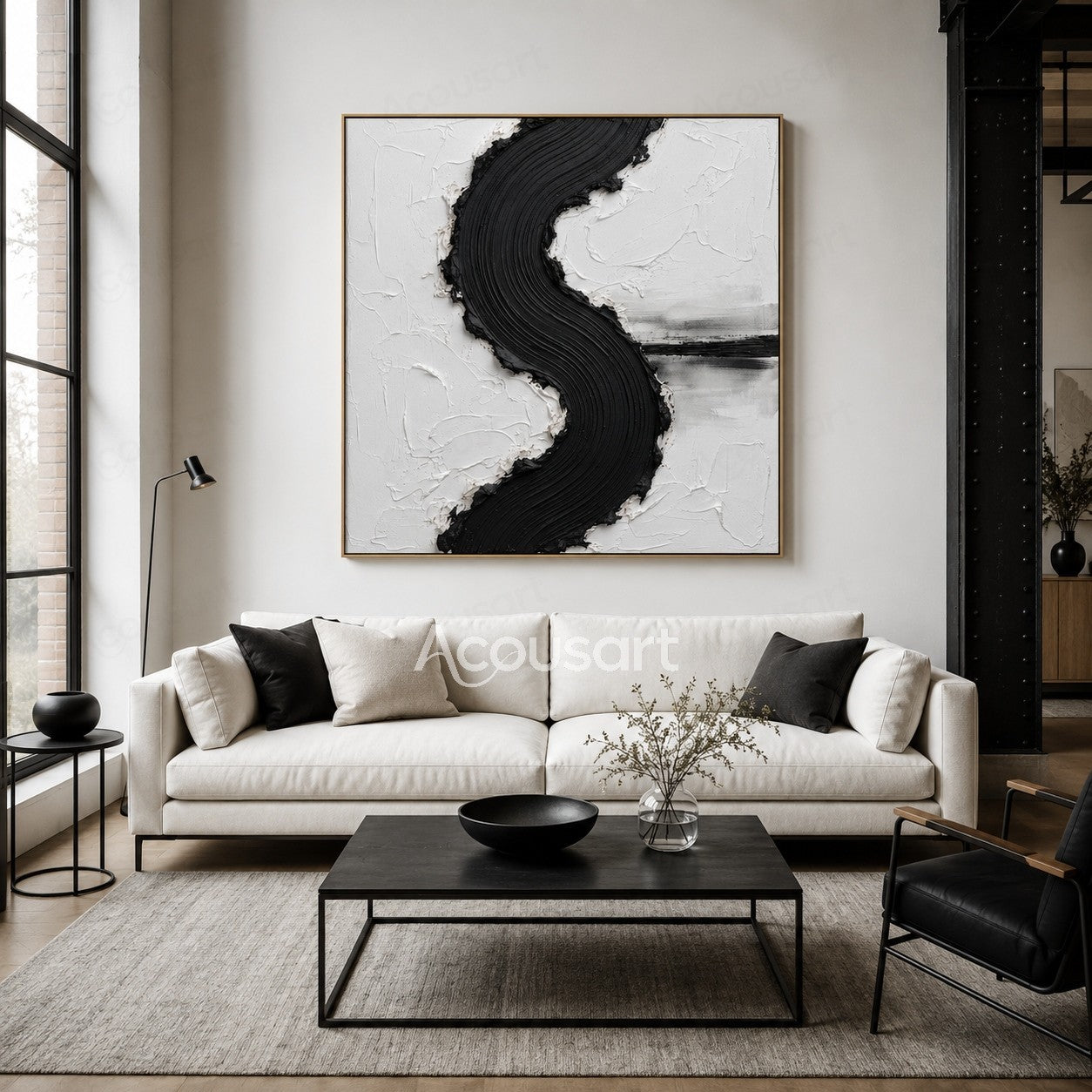 Black curved textured abstract wall art with raised brush lines on a white background