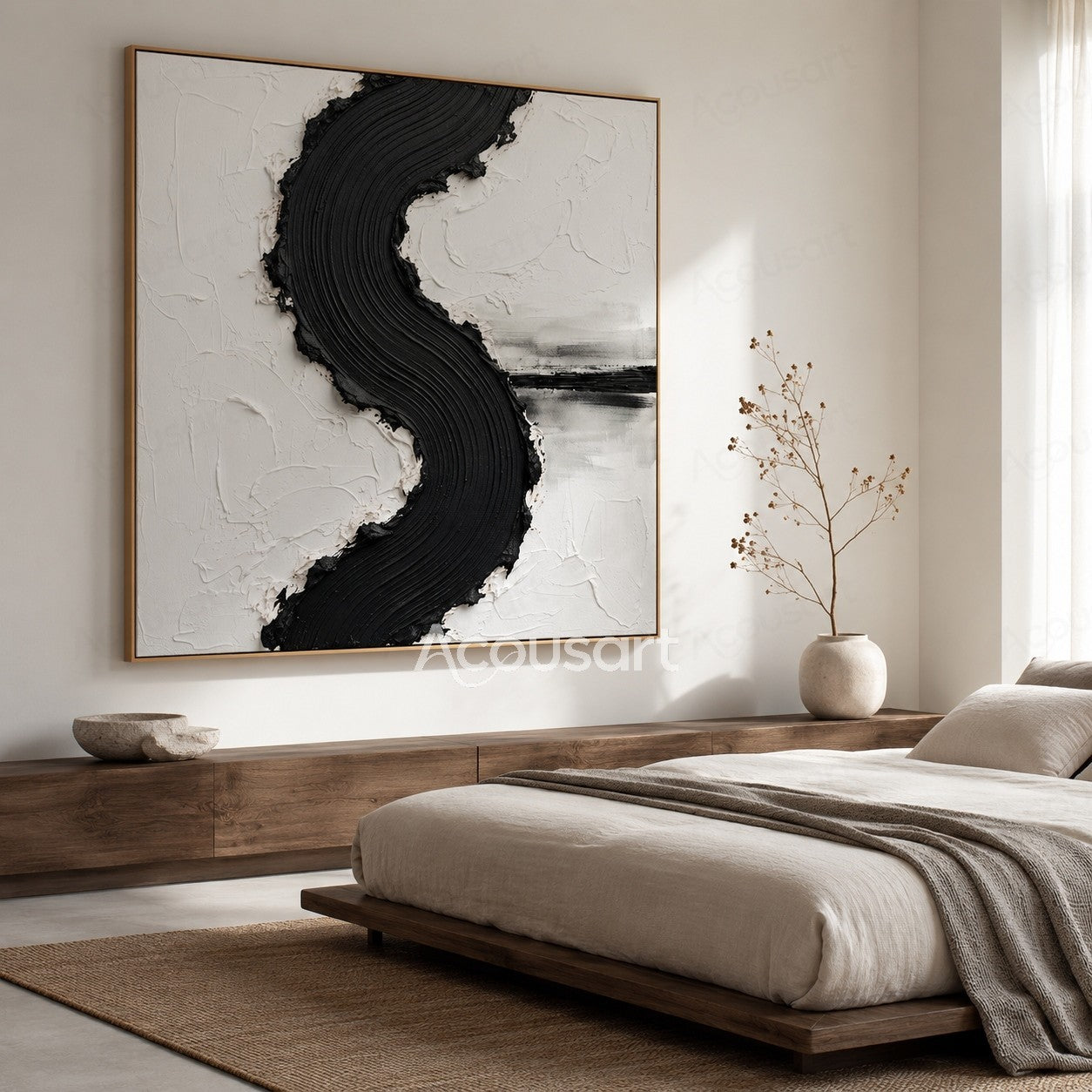 Black curved textured abstract wall art with raised brush lines on a white background