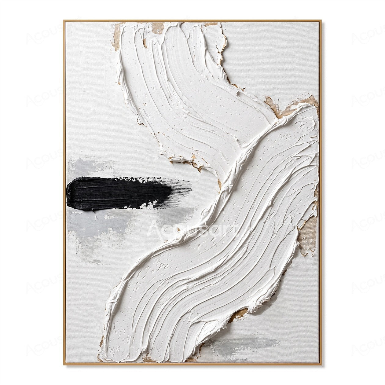 White textured abstract wall art with raised flowing brushstrokes and black accent on a neutral background