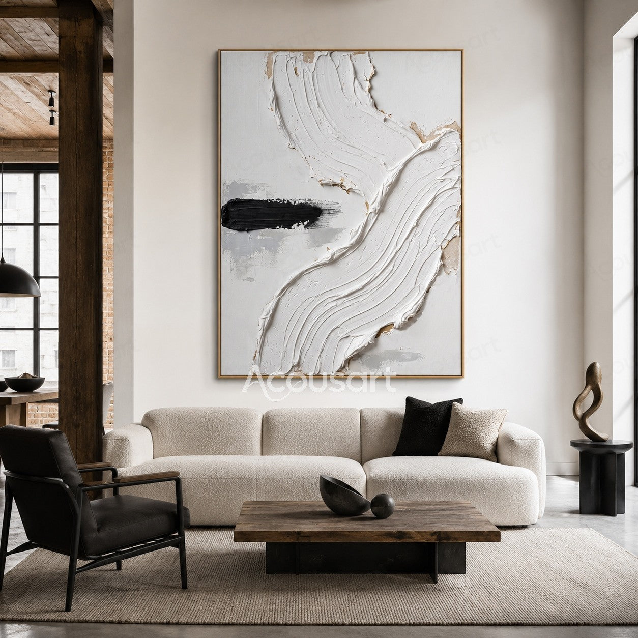 White textured abstract wall art with raised flowing brushstrokes and black accent on a neutral background