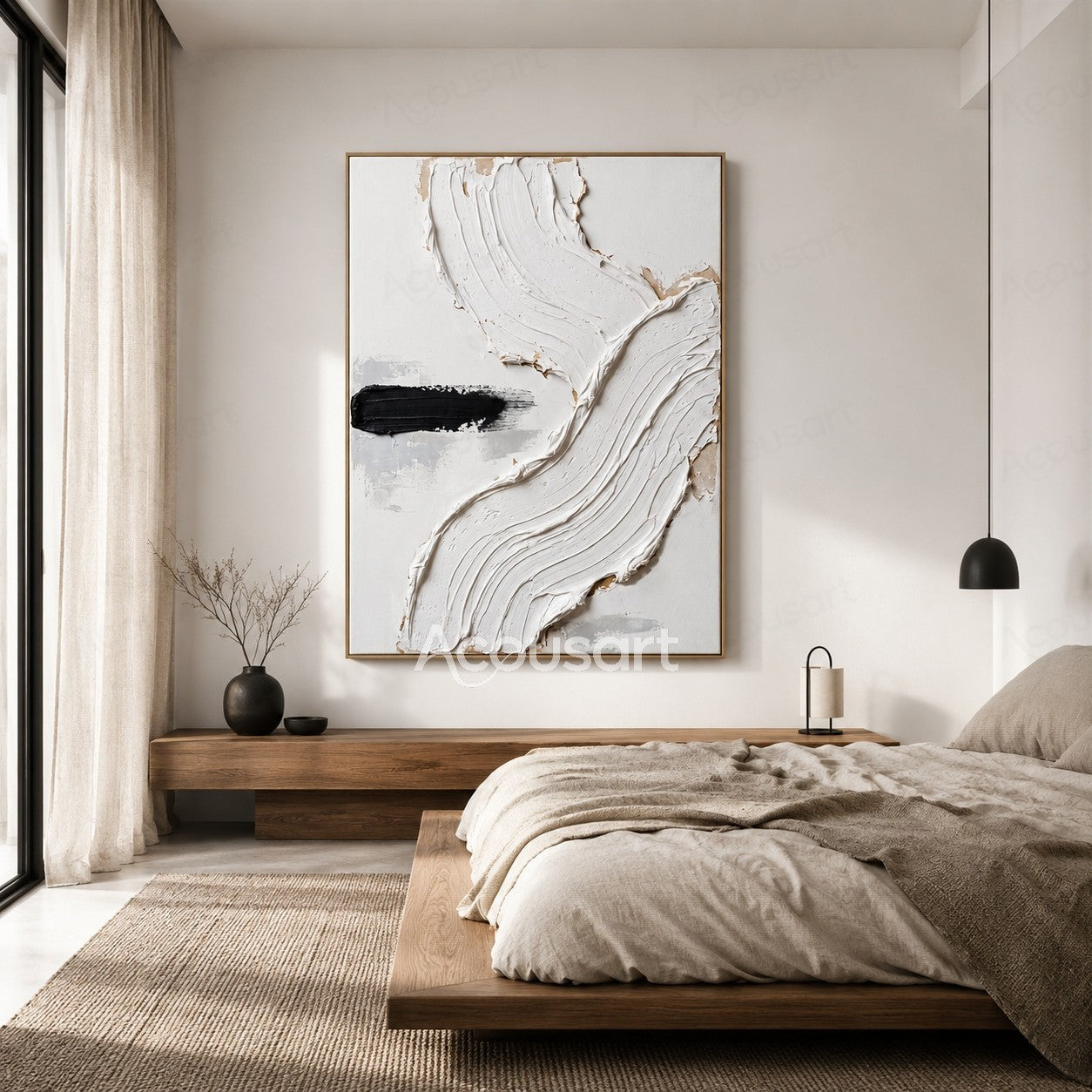 White textured abstract wall art with raised flowing brushstrokes and black accent on a neutral background