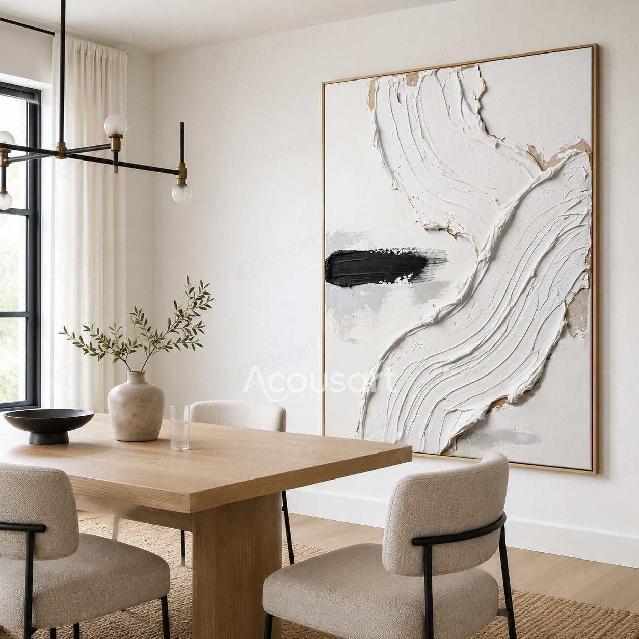 White textured abstract wall art with raised flowing brushstrokes and black accent on a neutral background