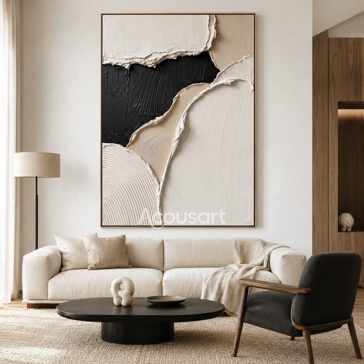 Black white beige textured abstract wall art with layered raised brushstrokes and modern organic shapes