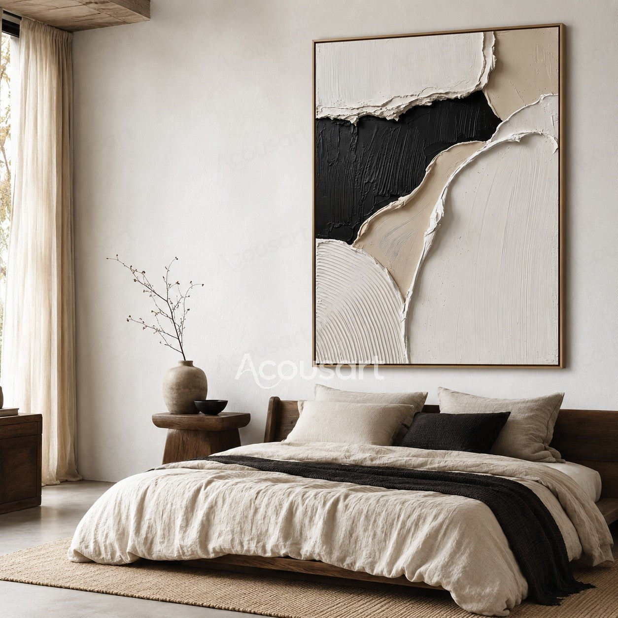 Black white beige textured abstract wall art with layered raised brushstrokes and modern organic shapes