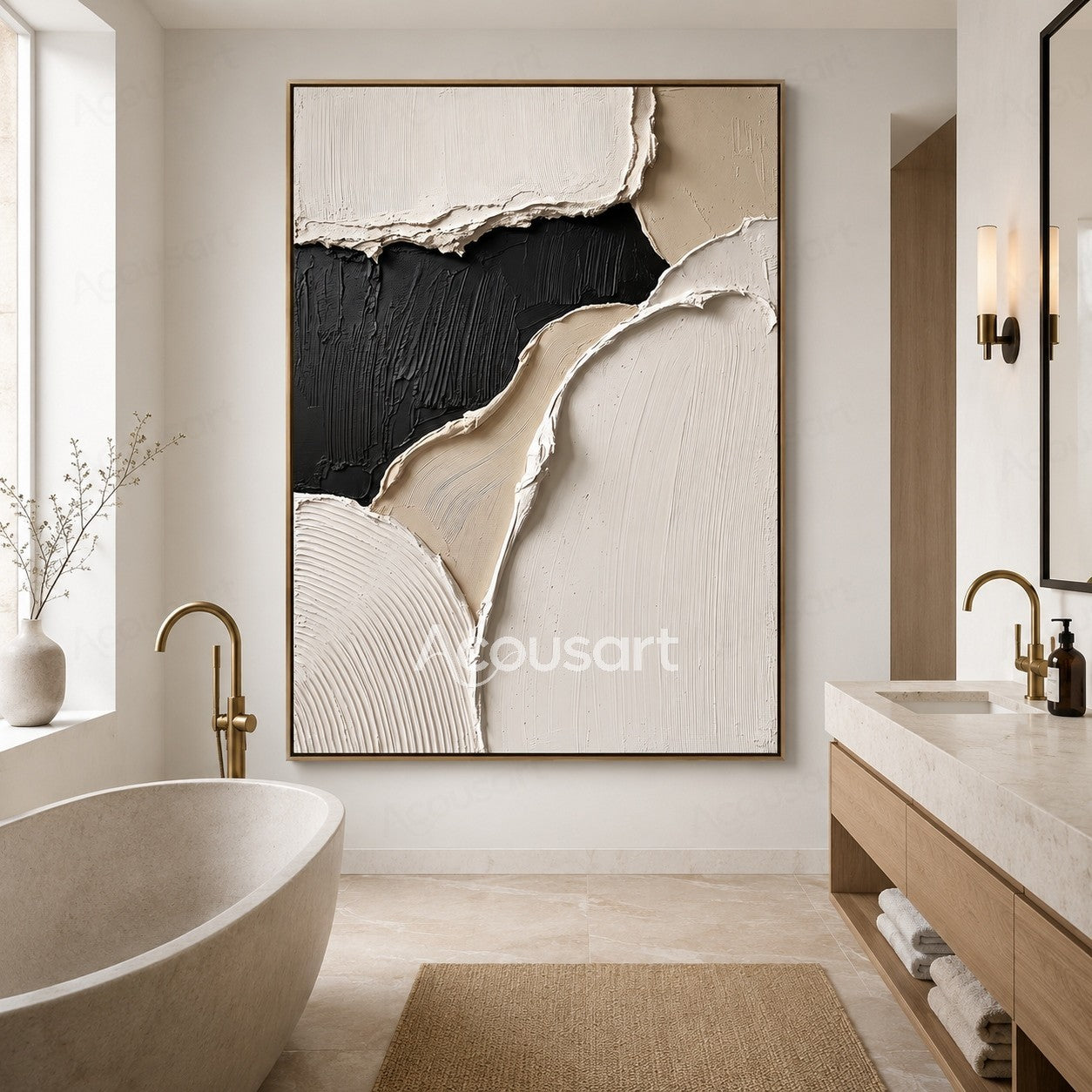 Black white beige textured abstract wall art with layered raised brushstrokes and modern organic shapes
