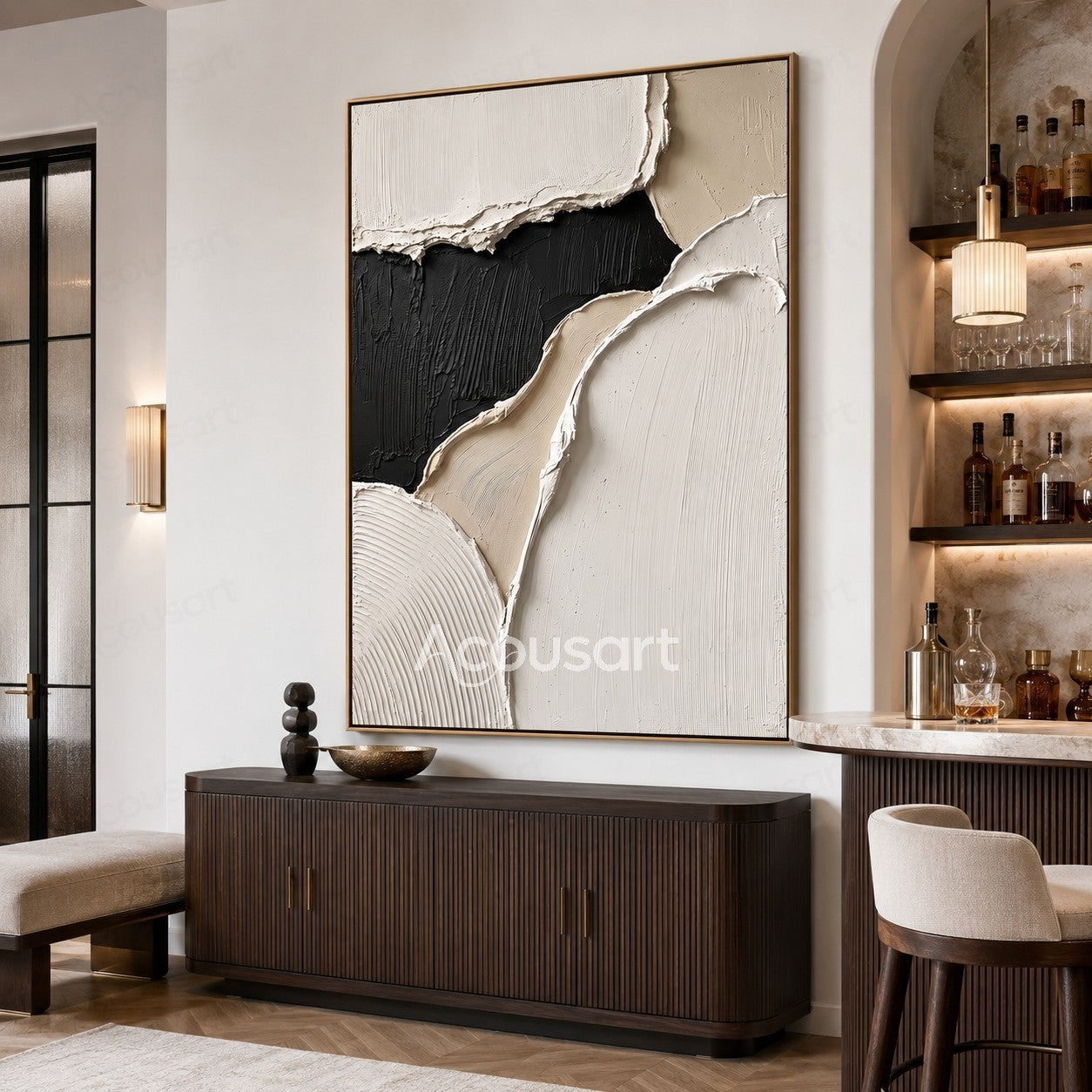 Black white beige textured abstract wall art with layered raised brushstrokes and modern organic shapes