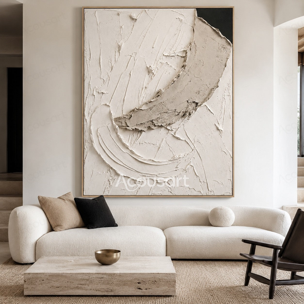 White textured abstract wall art with layered raised brushstrokes and organic stone-like shapes