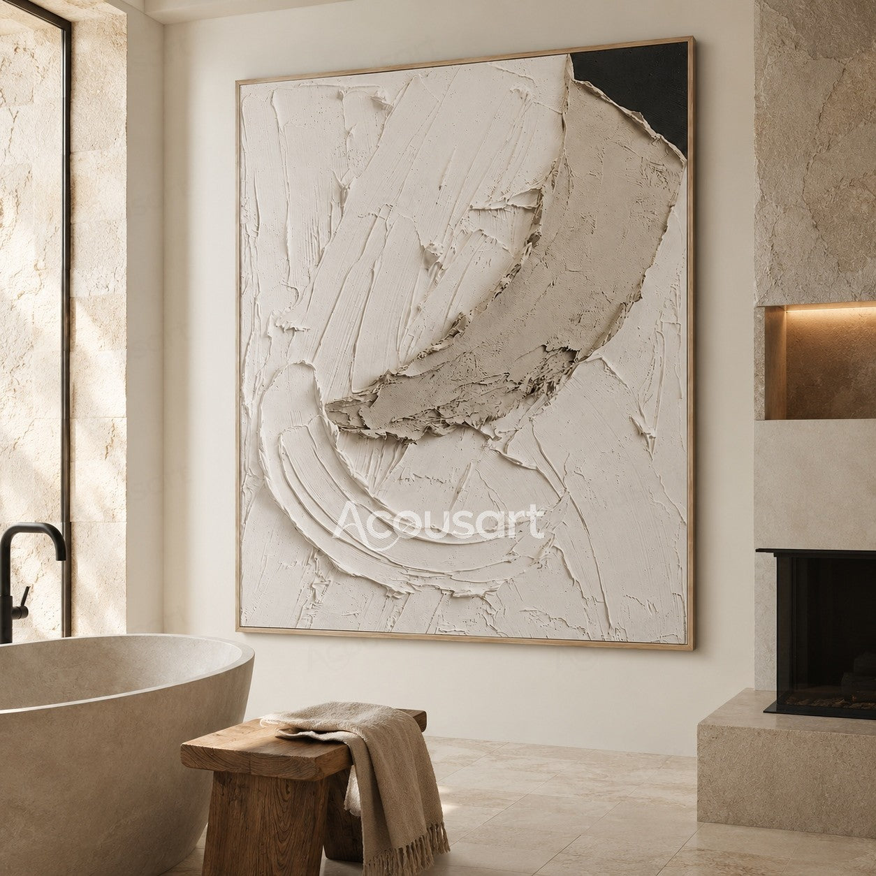 White textured abstract wall art with layered raised brushstrokes and organic stone-like shapes