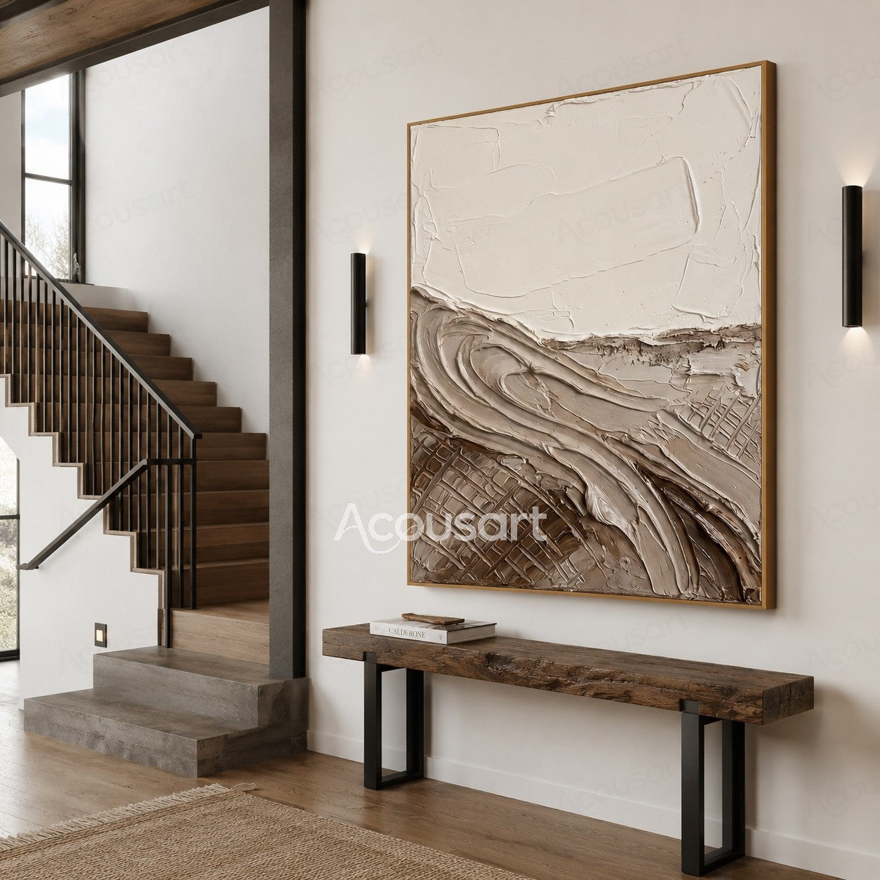 Beige textured abstract wall art with layered organic brushstrokes and natural stone-like shapes