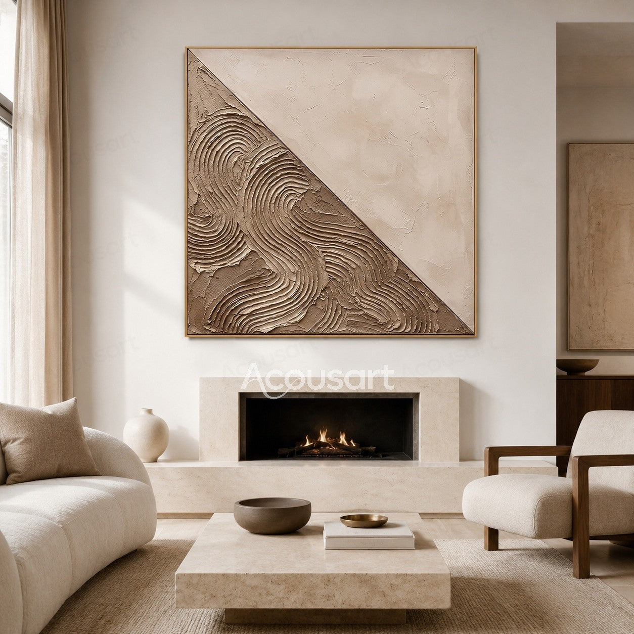 Beige textured abstract wall art with layered organic brushstrokes and natural stone-like shapes