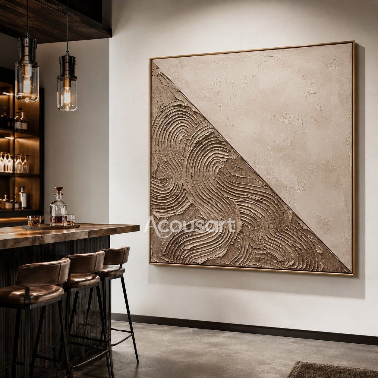 Beige textured abstract wall art with diagonal design and raised organic curved patterns