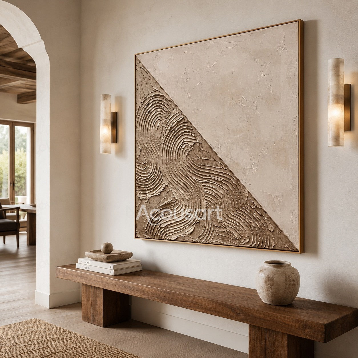 Beige textured abstract wall art with diagonal design and raised organic curved patterns