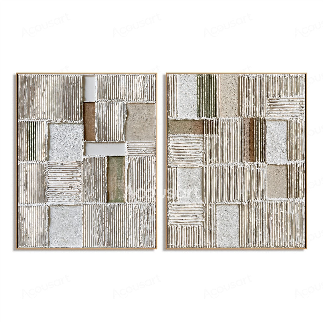 Two piece neutral textured abstract wall art with geometric grid patterns and raised white beige surfaces