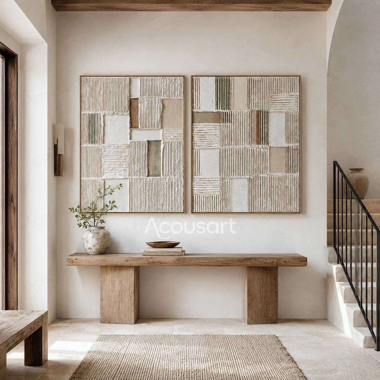 Two piece neutral textured abstract wall art with geometric grid patterns and raised white beige surfaces