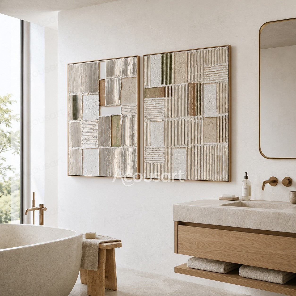 Two piece neutral textured abstract wall art with geometric grid patterns and raised white beige surfaces