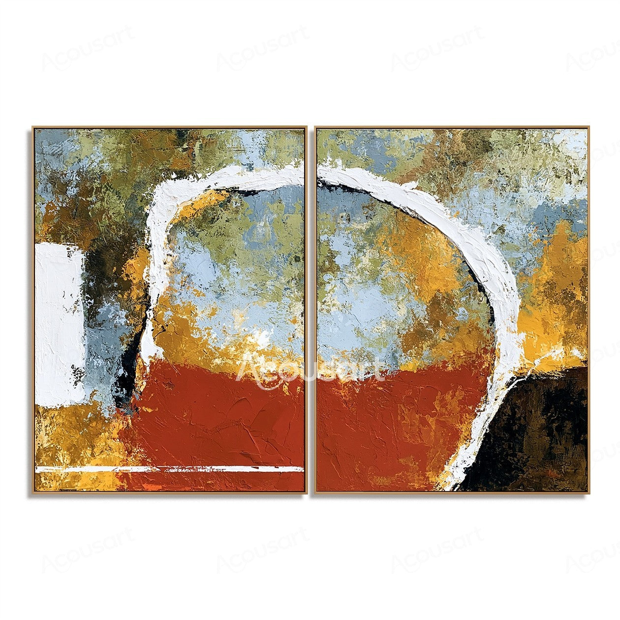 Two piece abstract textured wall art with earth tones, curved white lines, and layered brushstrokes