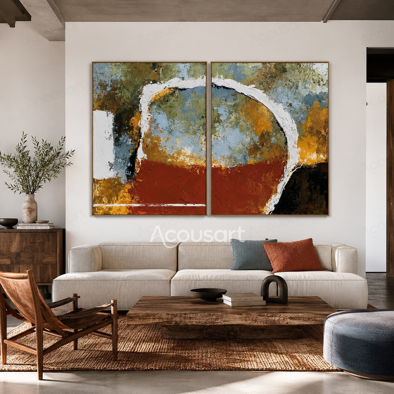 Two piece abstract textured wall art with earth tones, curved white lines, and layered brushstrokes