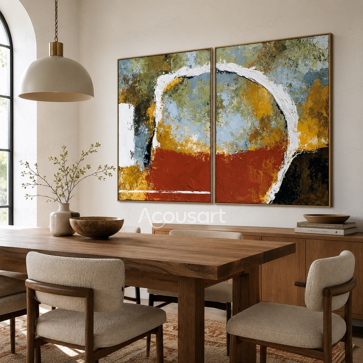 Two piece abstract textured wall art with earth tones, curved white lines, and layered brushstrokes