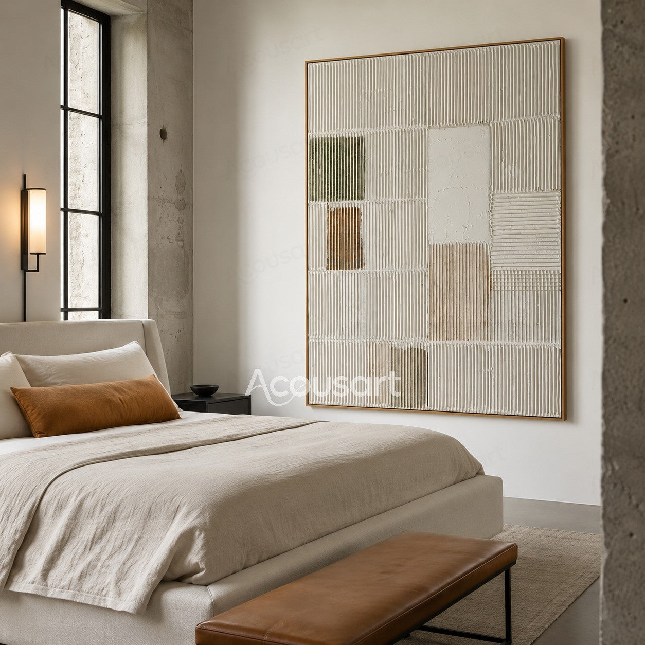 White neutral textured abstract wall art with geometric grid patterns and raised vertical lines