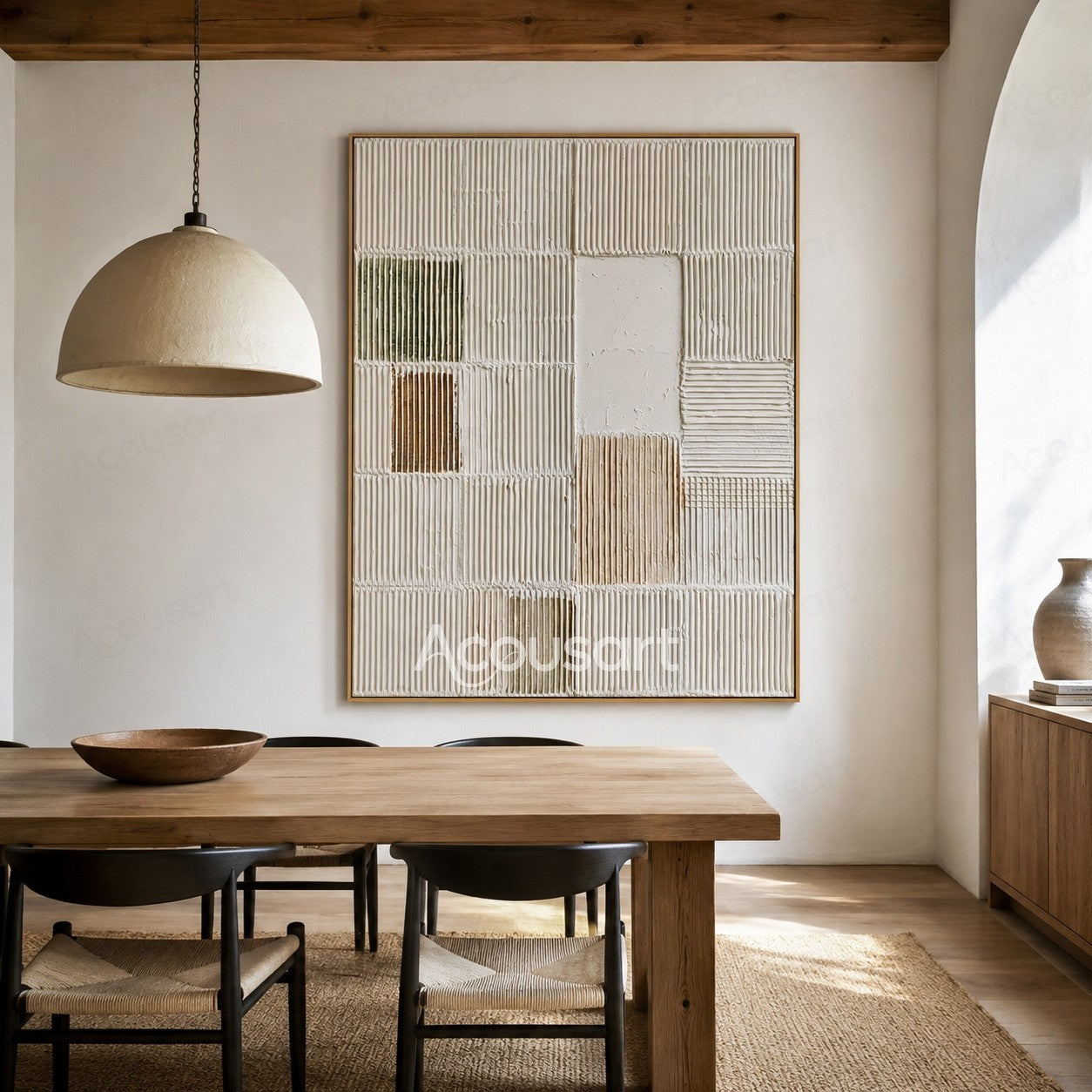 White neutral textured abstract wall art with geometric grid patterns and raised vertical lines