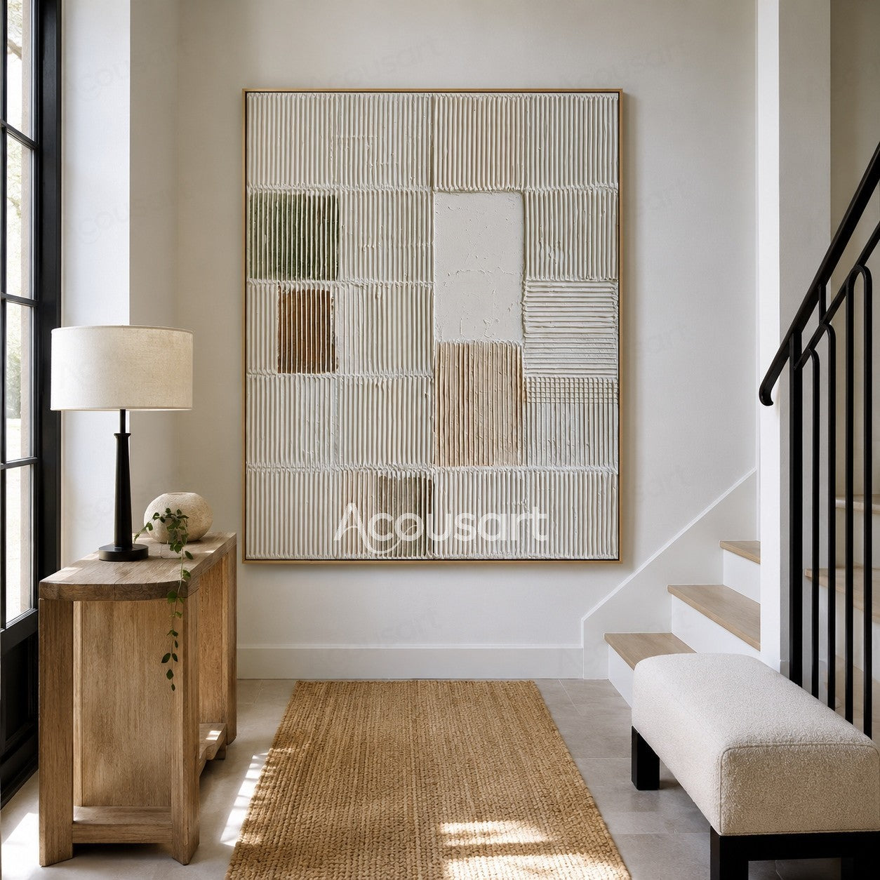White neutral textured abstract wall art with geometric grid patterns and raised vertical lines