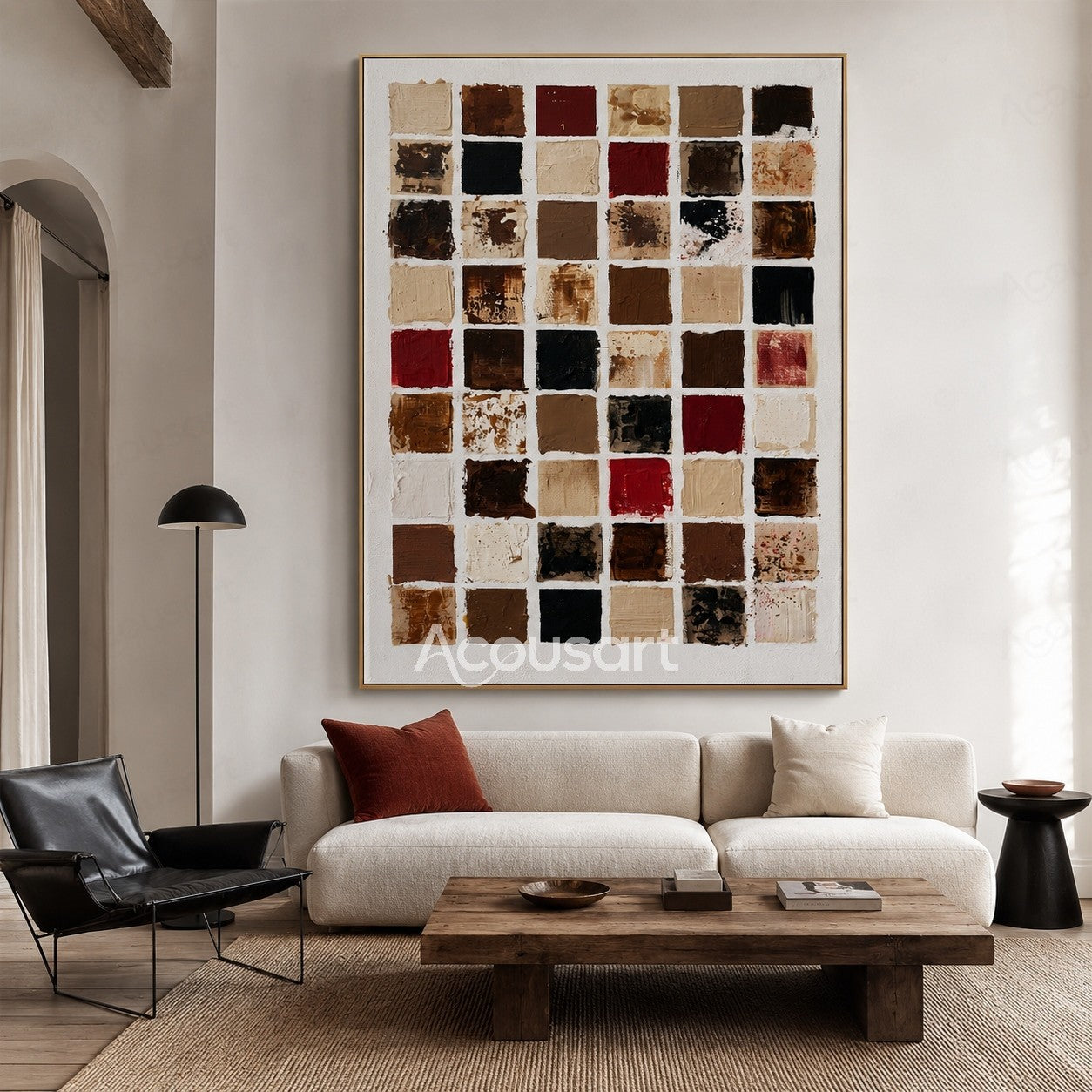 Modern abstract textured wall art with colorful paint squares in a grid pattern
