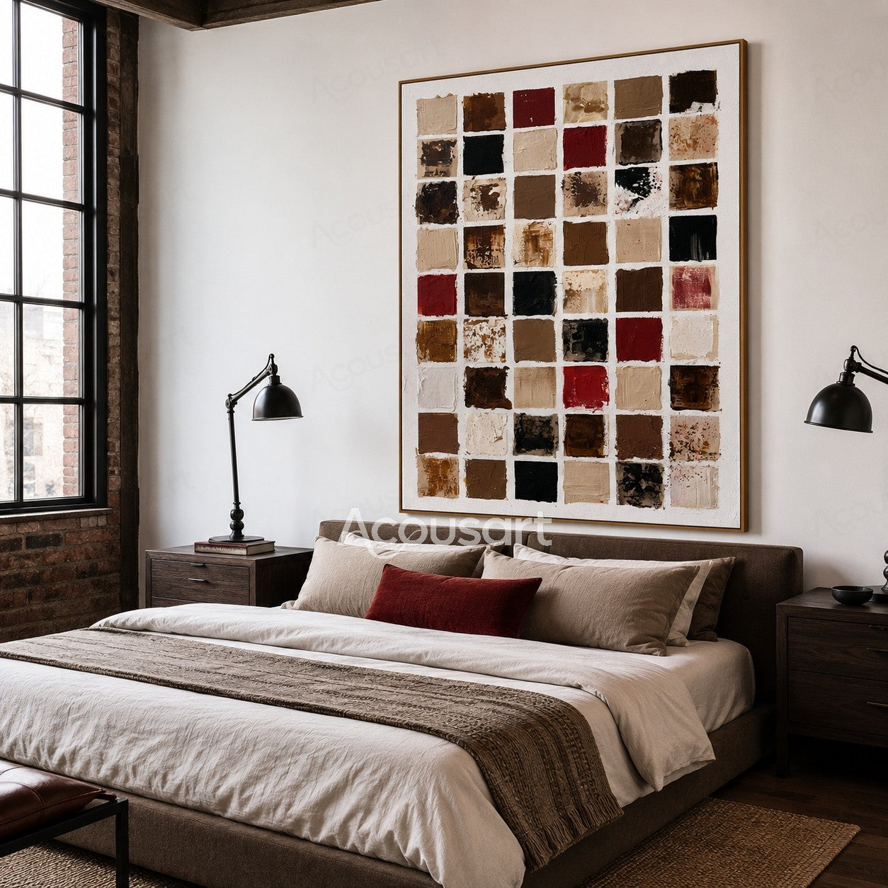 Modern abstract textured wall art with colorful paint squares in a grid pattern