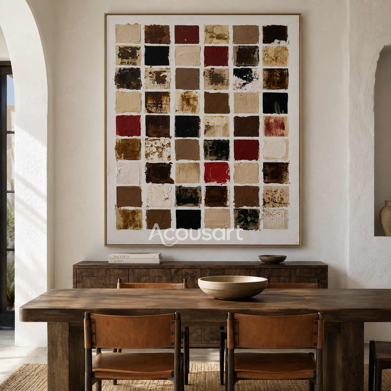 Modern abstract textured wall art with colorful paint squares in a grid pattern